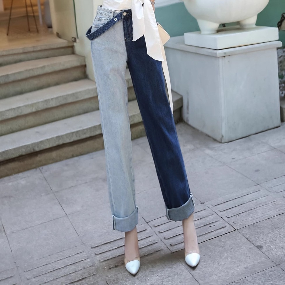 デニムパンツ ボトムス デニム ジーンズ アシンメトリーデニムパンツ 配色デニムパンツ バイカラーデニムパンツ スマート スリム 色違い ストレートデニム ブルー レディース かわいい 大人可愛い