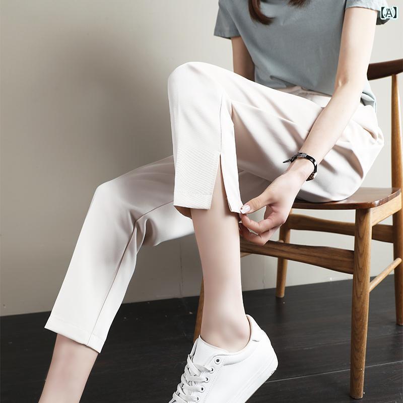 スラックス レディース 夏 薄手 クロップドパンツ ストレート センタープレス 後ろゴム ポケット ハイウエスト スリット 通気 ソフト カジュアル オフィス シンプル アイボリー 黒 大きめサイズ