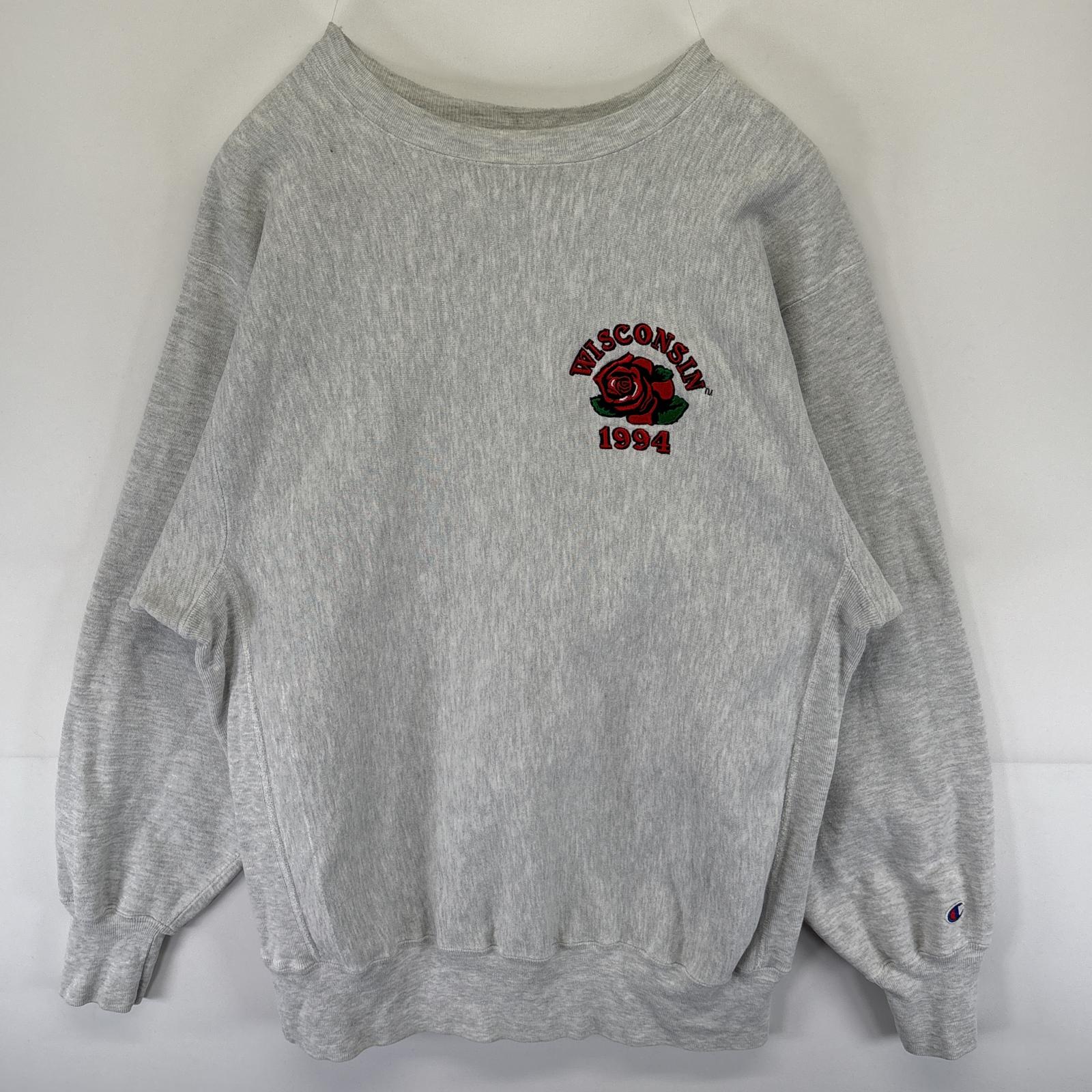 古着 90s/90年代 USA製 スウェット リバースウィーブ トレーナー しもふりグレー ロゴ刺繍 XXL グレー メンズ