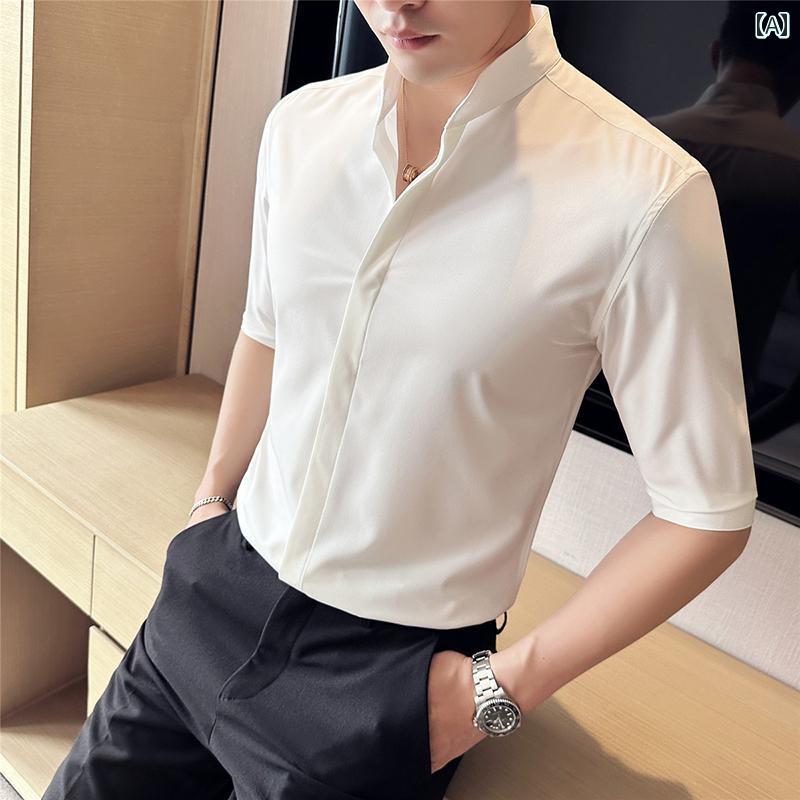 メンズ 七分袖シャツ 韓国 おしゃれ アーバン シンプル 着やすい スタイリッシュ 快適 ビジネス カジュアル ディナー 紳士服