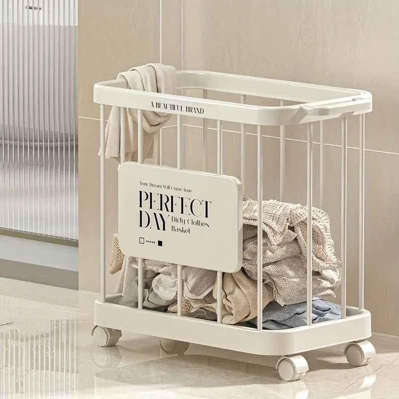 ランドリーバスケット 洗濯かご キャスター付き 多目的 収納 バスケット バス トイレ 寝室 かわいい おしゃれ シンプル 耐久性 プラスチック ホワイト シルバー 4-7