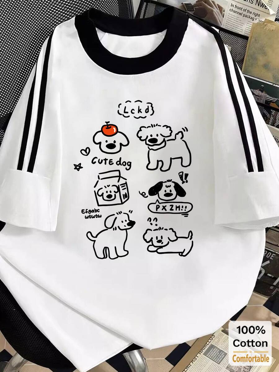 オーバーサイズ 半袖Tシャツ レディースルーズ&フラットニングデザインレトロブラックスタイリッシュなレター&ストライププリント カジュアル ホワイト サマー