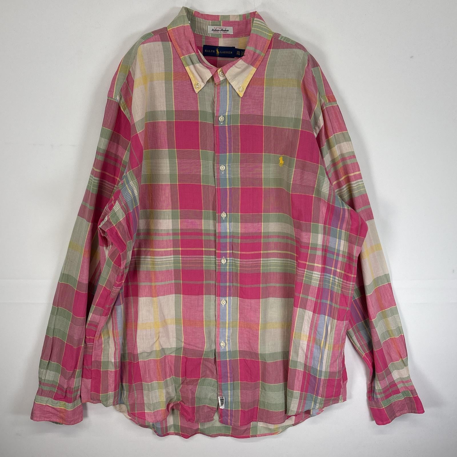 古着 長袖シャツ Indian madras マドラスチェック柄 ロゴ 刺繍 大きいサイズ XXL ピンク系 マルチカラー メンズ