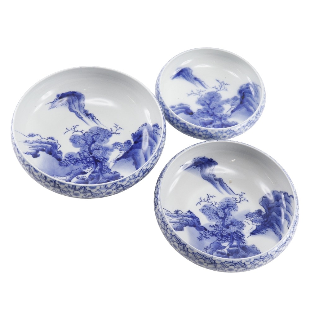 ARITA 有田焼 伊万里 三つ鉢 染付 山水図柄 青印 鉢皿 食器 磁器 _ 中古品