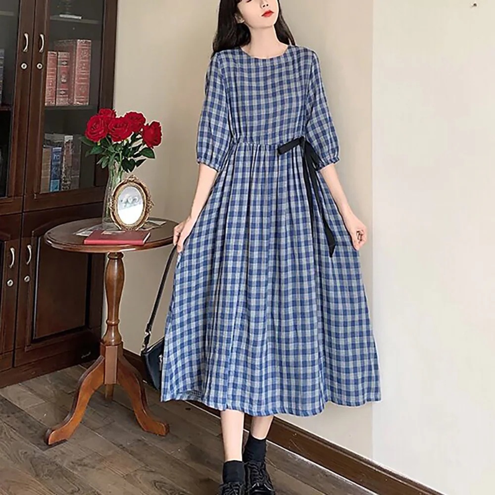 ウエストリボンチェック柄ワンピース ワンピース フレアワンピース 膝下 ミモレ ミモレ丈 袖あり 半袖 パフスリーブ ラウンドネック フレア リボン ウエストリボン 綿 ポリエステル かわいい