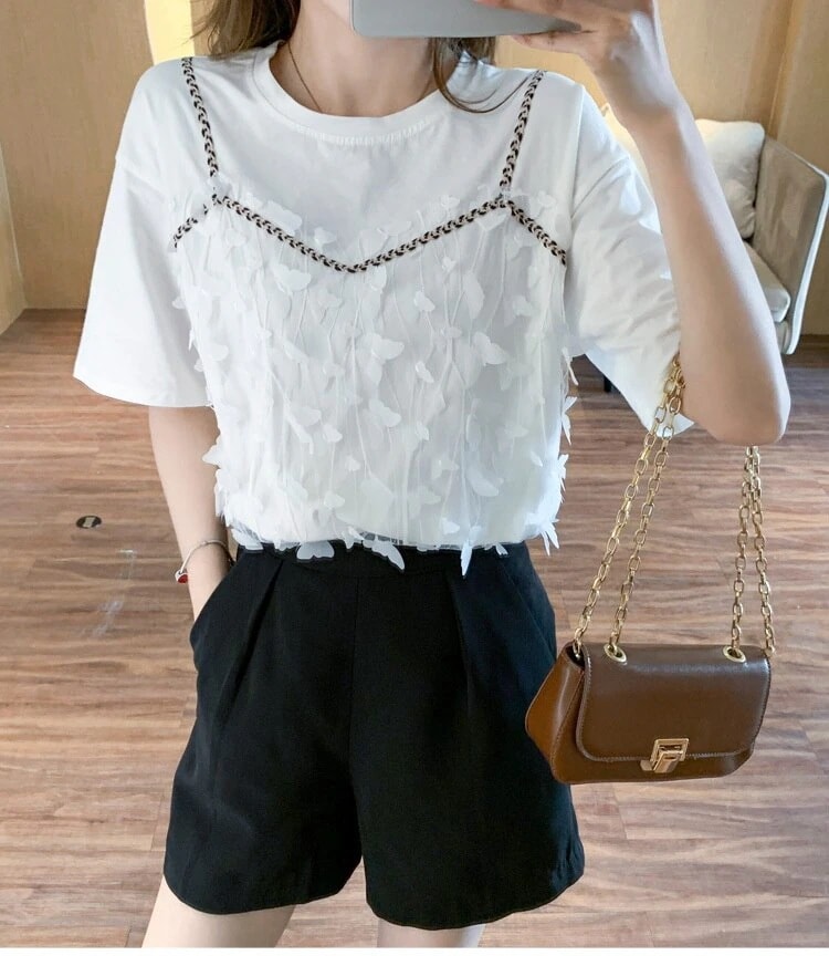 Tシャツ カットソー レディース 半袖 重ね着風 Uネック ラフ 個性的 かわいい 大人可愛い きれいめ カジュアル おしゃれ 無地 夏 学生 ママ お出かけ デート 普段使い ホワイト トップス