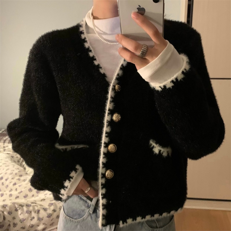 アウター カーディガン ジャケット 長袖 Vネック 襟なし バイカラー かわいい 大人可愛い