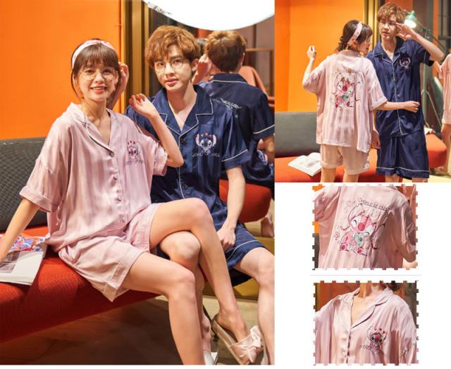 「ペア販売」シルク ペアルックパジャマ 上下セット カップルペアルック 可愛いスティッチ春秋夏ルームウェア 半袖 ペアルックパジャマお揃い ファッション 涼しい ストライプ Stitchi柄
