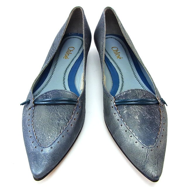 パンプス シューズ 靴 ポインテッドトゥ 36 スカラップレース ブルー系 中古