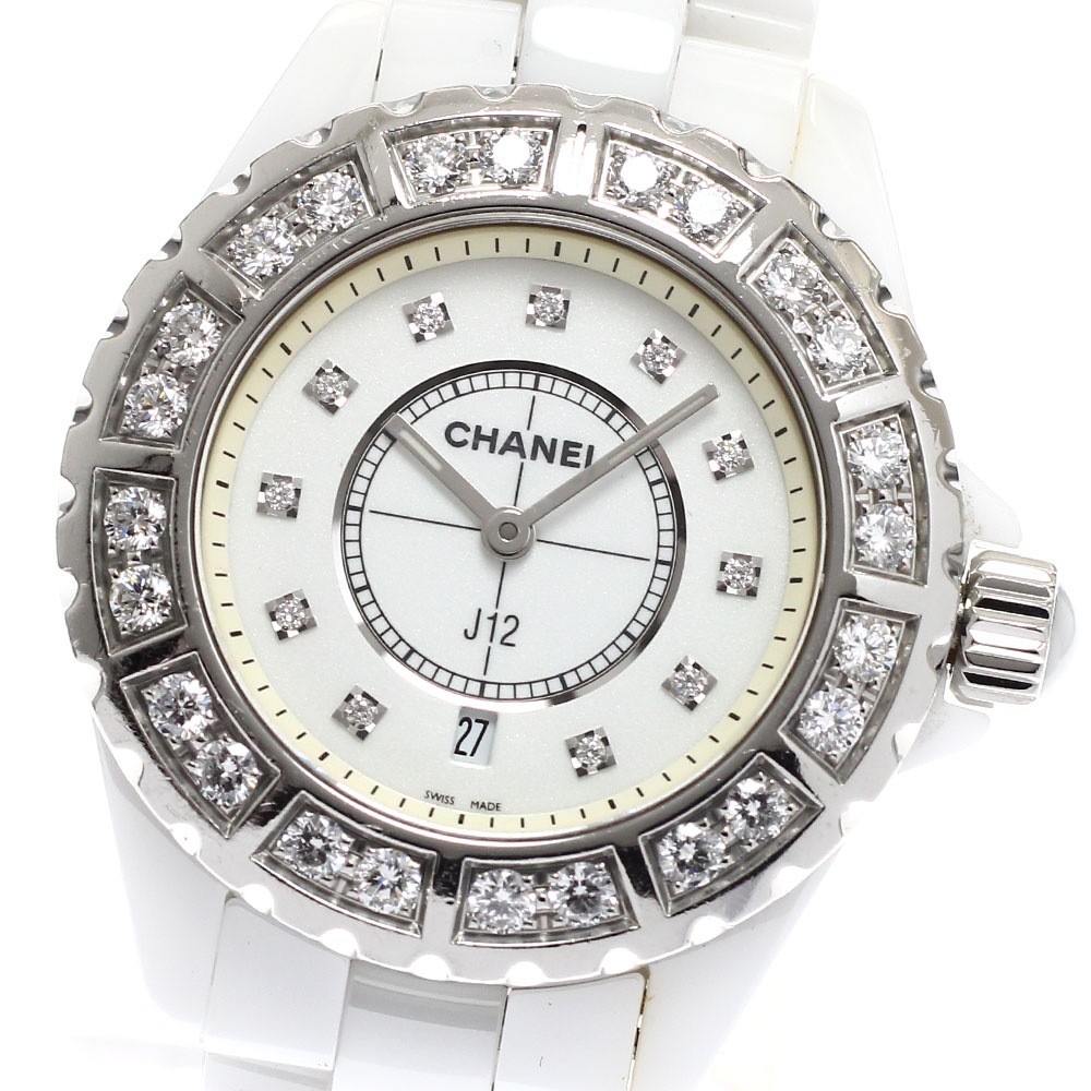 シャネル CHANEL H2429 J12 白セラミック ダイヤベゼル デイト 11Pダイヤ クォーツ レディース _919074【中古】