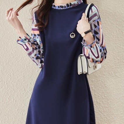 切り替えデザインワンピース ワンピース ドレス 長袖 ラウンドネック 切り替えデザイン ドッキング