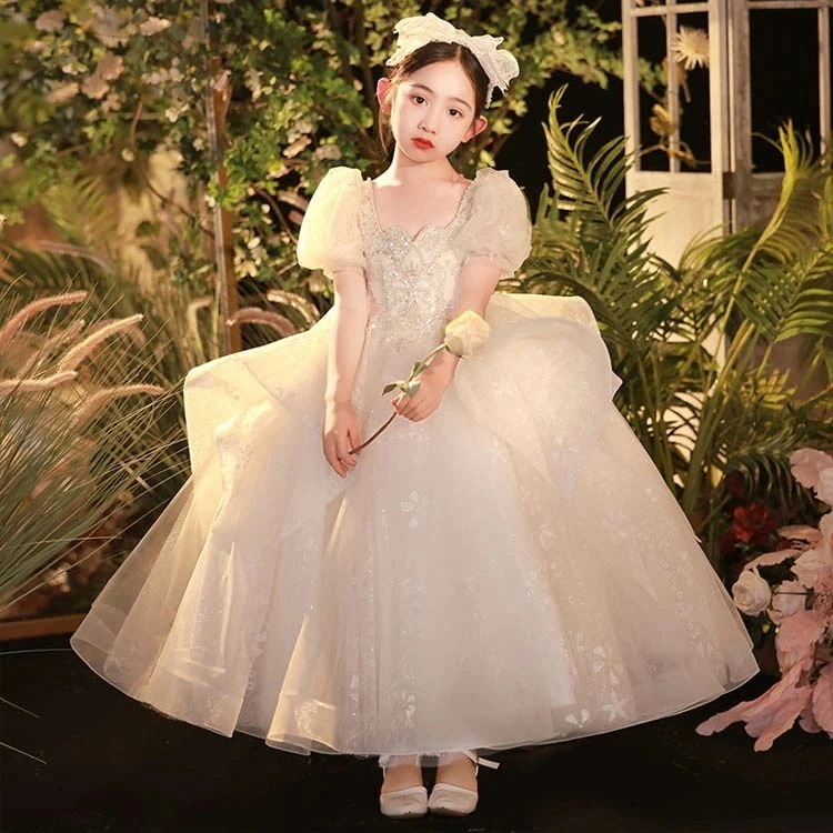 ピアノ発表会ドレス ロングドレス シャンパン色 子供ドレス パフスリーブ プリンセスドレス 女児ドレス ロング フリル 可愛い 演奏会ドレス キッズドレス 女の子 ドレス フォーマル