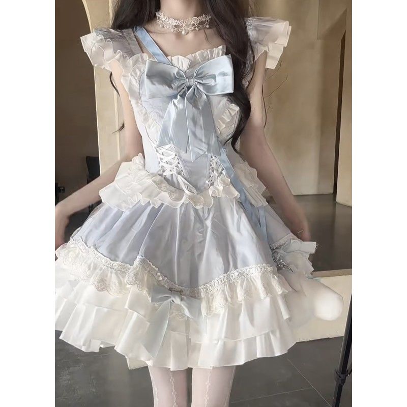 コスプレドレス ロリータ ワンピース かわいい 韓国 フリル 蝶ネクタイ 花嫁 パッチワーク レース ポンポンスカート 茶会