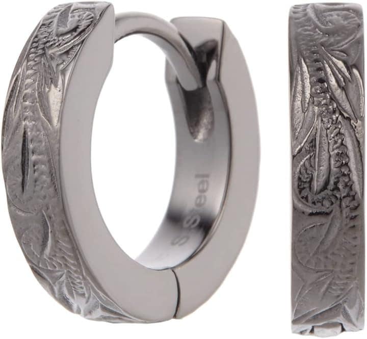 サージカルステンレス製 フープ ハワイアンジュエリー スクロール マイレ シンプル 金属アレルギー対応 ピアス(ブラック)