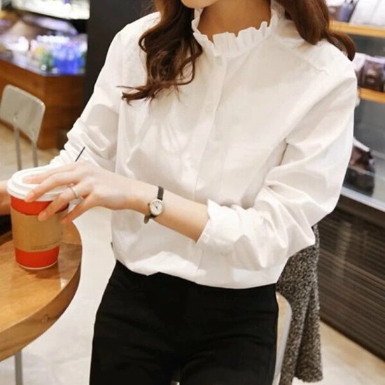 ブラウス レディース シャツ スタンドカラー フリルネック フリルカラー 長袖 コットンブラウス 白シャツ シンプル 無地 かわいい きれいめ カジュアル おでかけ お仕事 オフィス おしゃれ