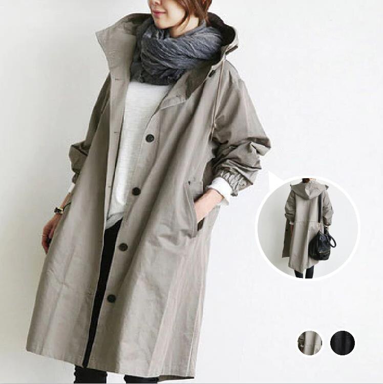 【人気上昇中 】 合わせやすい 定番 フード付き シングルブレスト 無地 長袖トレンチコート