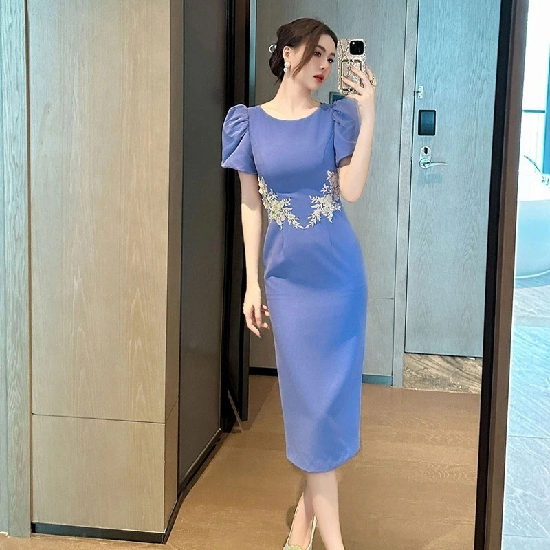 【JY.上品】 2025夏 刺繍飾り ワンピース 紫 ドレス パーティードレス着痩せ 大人 同窓会 披露宴 卒業式 結婚式 演奏会 ウェディング 二次会 メガ割