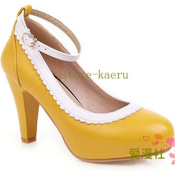 パンプス ロリータ風 女性 レディース メイド靴 姫系 ゆめかわいい お嬢様 チャンキーヒール アンクルストラップ ベージュ 9cmヒール