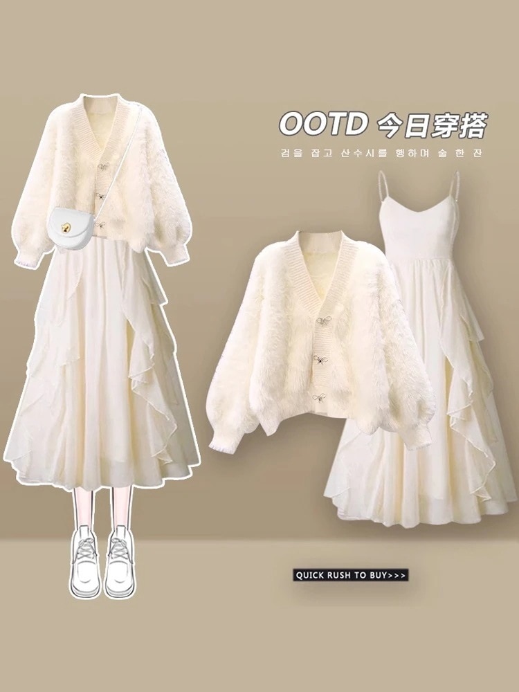 【2枚購入で200円 OFF！急速出荷】秋冬ロングスカートサスペンダードレスレディースセータースカートツーピーススカートスーツ
