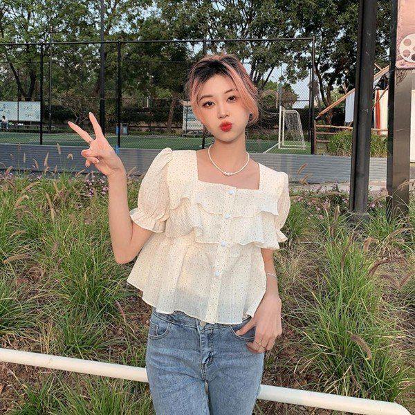 女性スクエアシフォン半袖ブラウスJSW BLH SP0000CJW クリームベージュ_P366463951