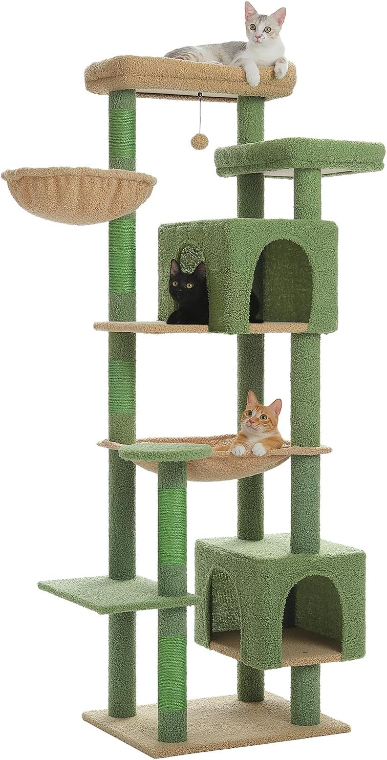 キャットタワー 大型猫用 多頭飼い 据え置き型 スリム 省スペース ハンモック 爪研ぎ 転倒防止ベルト付き 展望台 猫ベッドカバー取り外し可能 安定 頑丈 高さ175cm グリーン