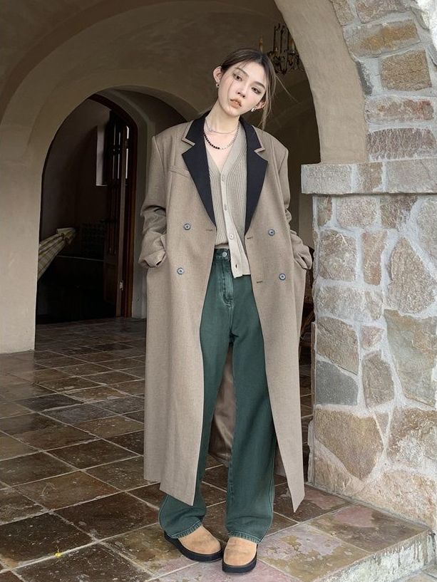 福袋2025大人気 春と秋のつなぎ襟英倫高級感のある肩の長いスーツのコートのコートの女性