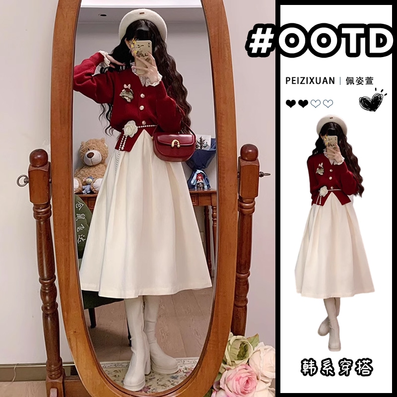 2024秋冬女性用赤ニットスーツワンピース