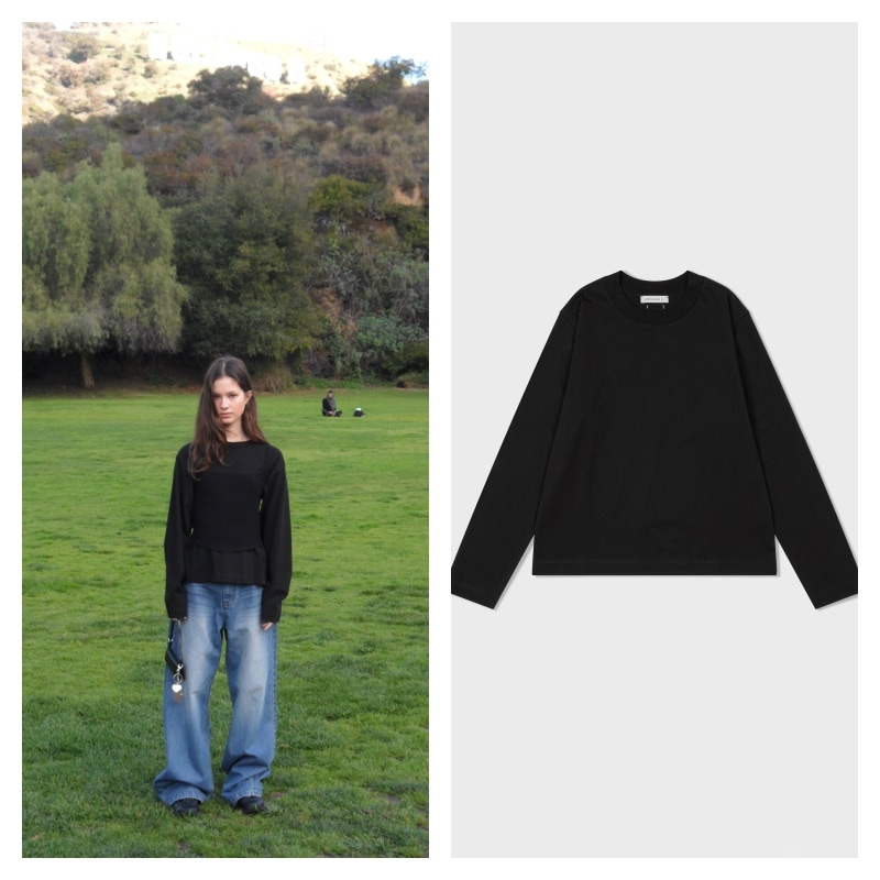 Tシャツ・カットソー LOW CLASSIC ORGANIC LONG SLEEVE T-SHIRT 5BNY696 LOW CLASSIC】 ORGANIC LOGO-PATCH LONG SLEEVE T-SHIRT : BLACK