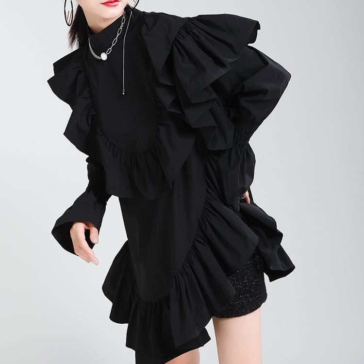 ワンピース シャツ シャツワンピース 袖あり 長袖 ハイネック アシンメトリー フリル 綿 かわいい カジュアル おしゃれ エスニック 無地 春 秋 10代 20代 レディース デート お出かけ 女子 6,459円