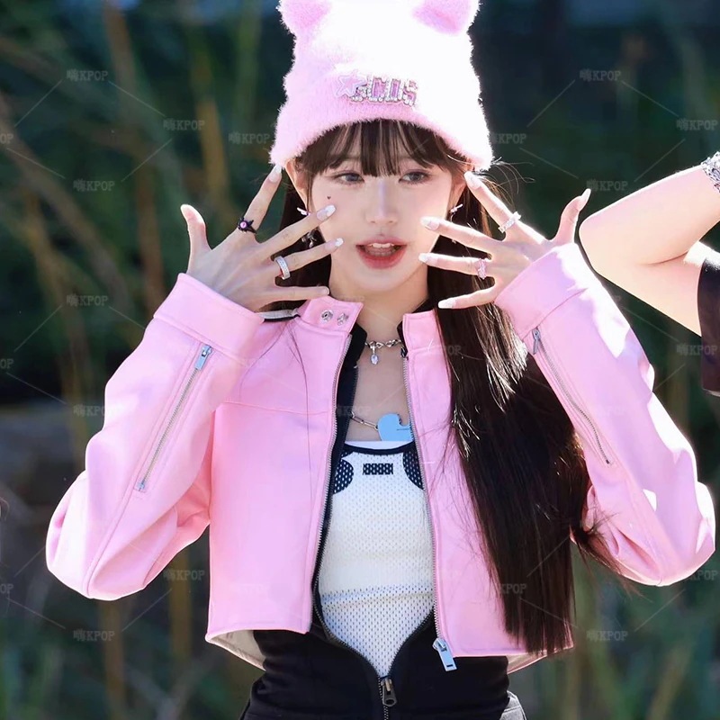 【2枚購入で200円 OFF！急速出荷】張元英イブショートピンクレザードレススーツジャズヒップホップパフォーマンス衣装ロードショーダンス衣装