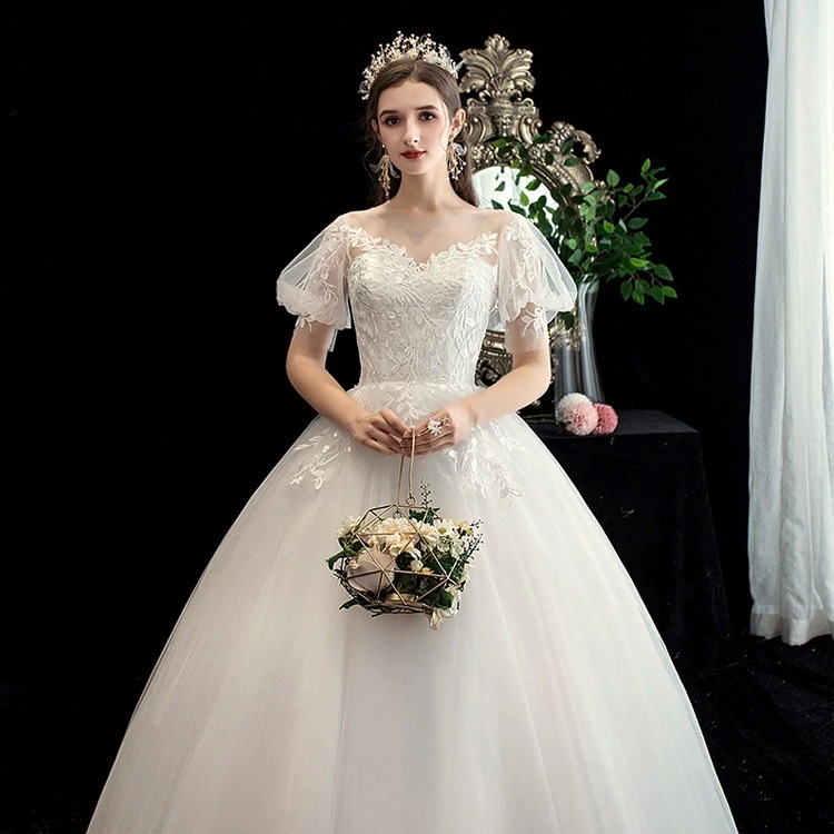 激安 ウェディングドレス パフスリーブ 可愛い ロングドレス 白 結婚式ドレス 二次会ドレス 海外挙式 ウェディングドレス Aライン 姫系 ホワイトドレス プリンセスドレス 花嫁ドレス XS S M