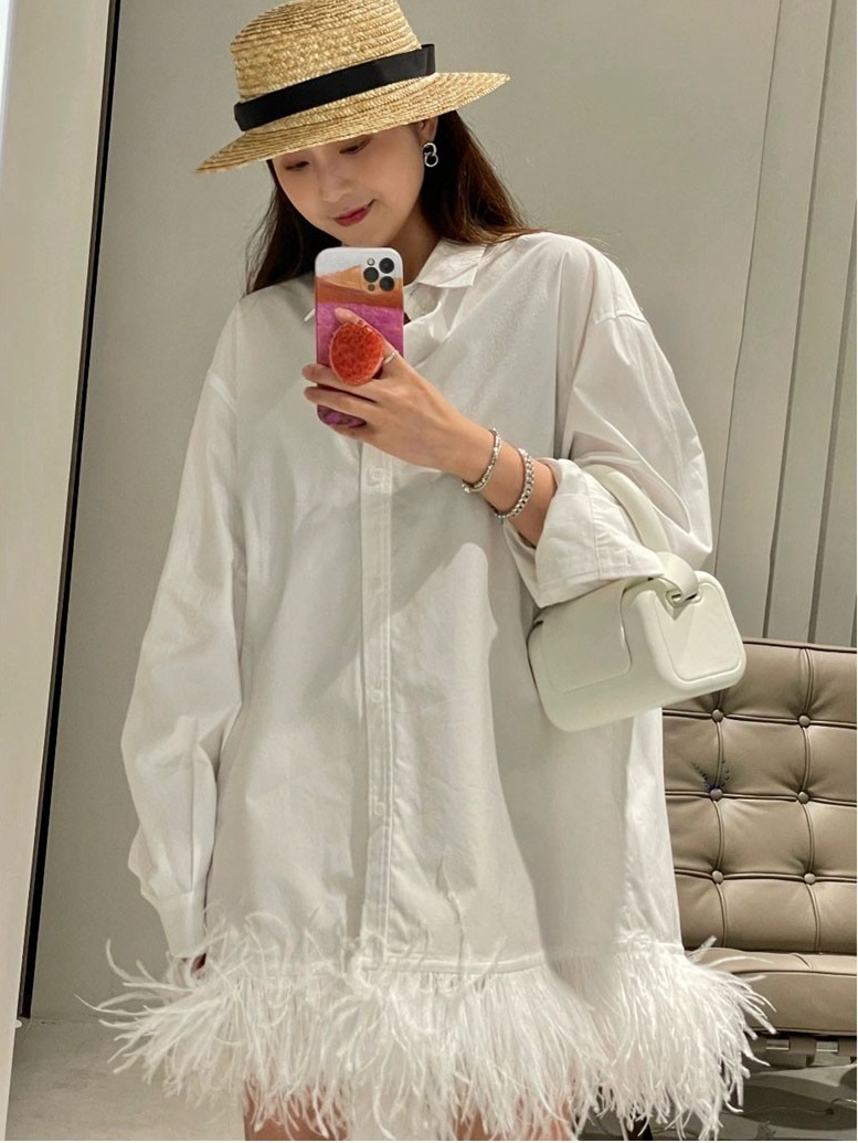 フェザー付きシャツワンピース シャツワンピース フェザー ワンピース ドレス レディース 膝上丈 長袖シャツ 可愛い セクシー 綺麗 デート お出掛け a4646