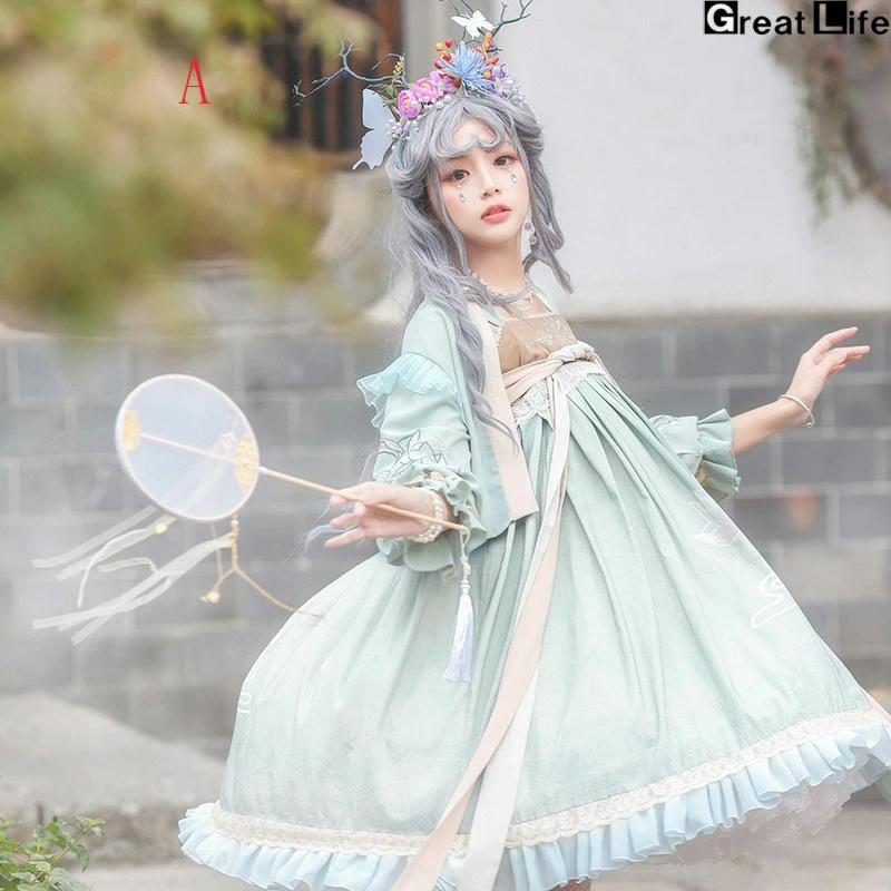 ロリータ 漢服 ワンピース 紺色 ロリータファッション ロリィタファッション 半袖 クラシカル ゴシック 大人 ふわふわ レース レディース ハロウイン 仮装 コ