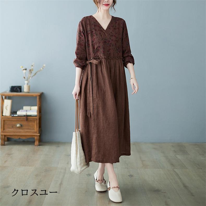 春新作 ワンピース ロング丈 フレア レディース Vネック 花柄 コットン 麻 長袖 aライン オシャレが楽しめるアイテム 落ち着いた色合い M2XL