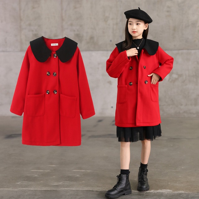 値引き ファッション通販 韓版日韓版秋冬子INS風供のラシャのコート真っ赤女の子の服ダブルボタンの厚さを増す綿の中長いタイプが