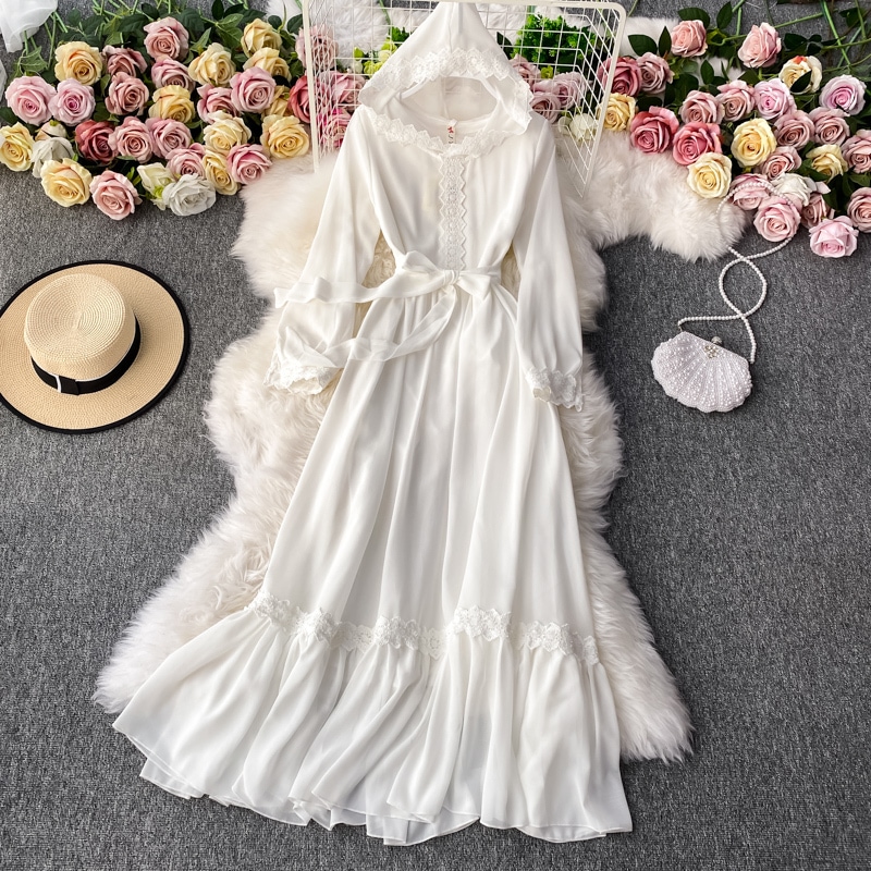 ホワイトワンピース フード付き ロング丈 ロングワンピース ワンピ ホワイト ロング ウエストリボン 5,096円