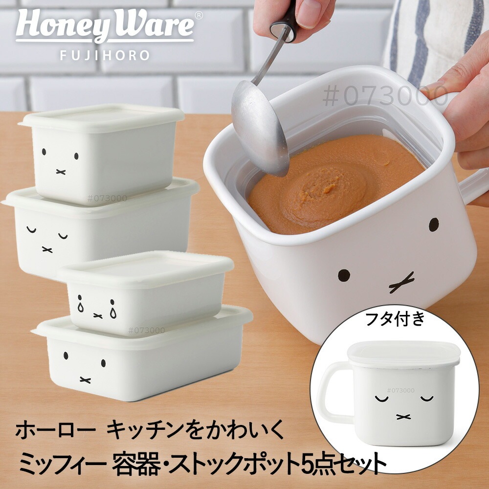 ミッフィー フェイス 保存容器 角型 蓋付き 5点セット 富士ホーロー