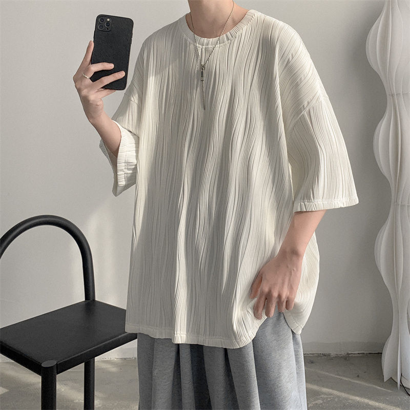 韓国のの質感の気質ラウンドネック24半袖TシャツメンズファッションカジュアルルースアイスシルクTシャツトップ