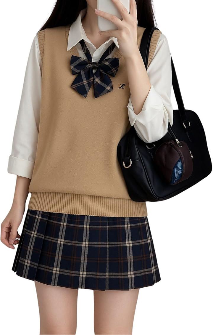 制服 女子高生 コスプレ ニット チェックスカート 長袖シャツ リボン かわいい 洗える 4点 セット ブラウン系(ブラウンS)