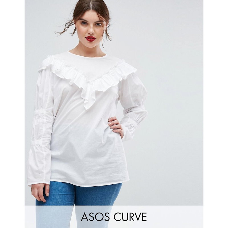 エイソス レディース トップス【ASOS CURVE Cotton Top with Frill Detail & Ruched Sleeve】White エイソス レディース トップス【ASOS CURVE Cotton Top with Frill Detail & Ruched Sleeve】White