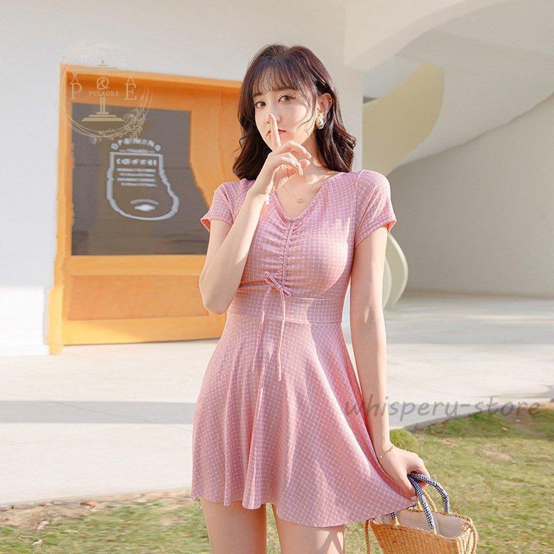 水着 セパレート レディース 2点セット 半袖 ノーワイヤー ギンガムチェック 可愛い ワンピース 短パント 学生 ガールズ パッド付き 夏