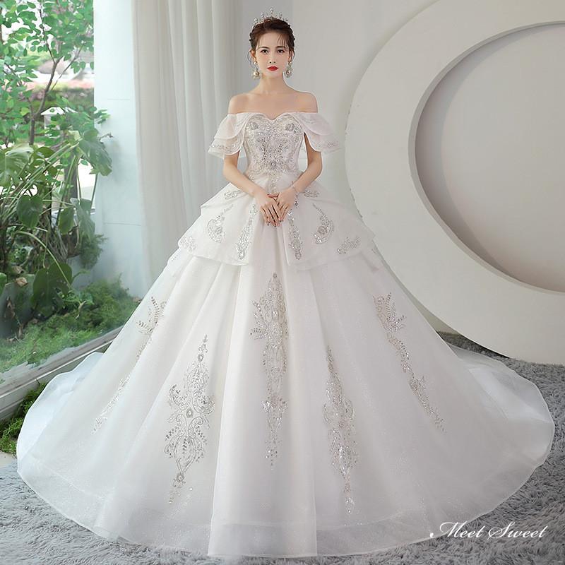 ウェディングドレス ロングドレス プリンセスドレス プリンセスラインドレス オフショルダー 二次会 結婚式 前撮り 花嫁 ウエディングドレス ブライダル