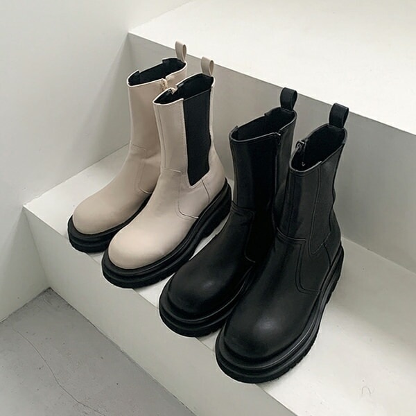 ショートブーツ サイドゴア サイドジップ 厚底 フラット