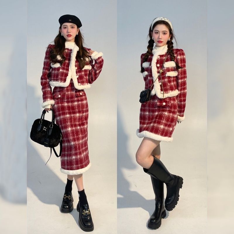 クリスマスコスム コスプレ レディース もこもこプードルボア風 ショート コート 赤 ロング ミニタイトスカート パーティー 2点セット