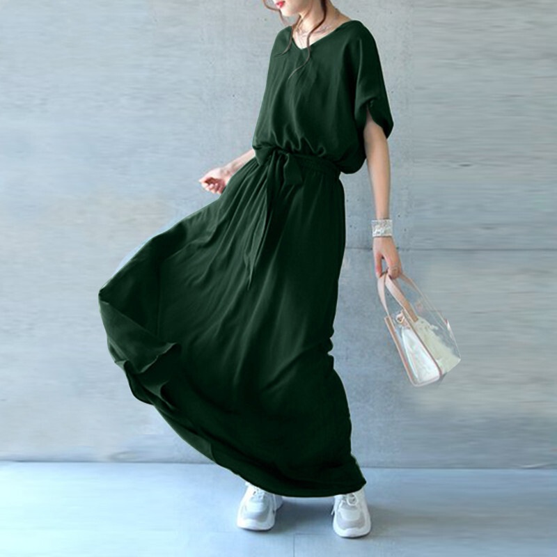 ワンピース マキシ丈 袖あり Vネック ワイド Aライン ウエストリボン シンプル カジュアル