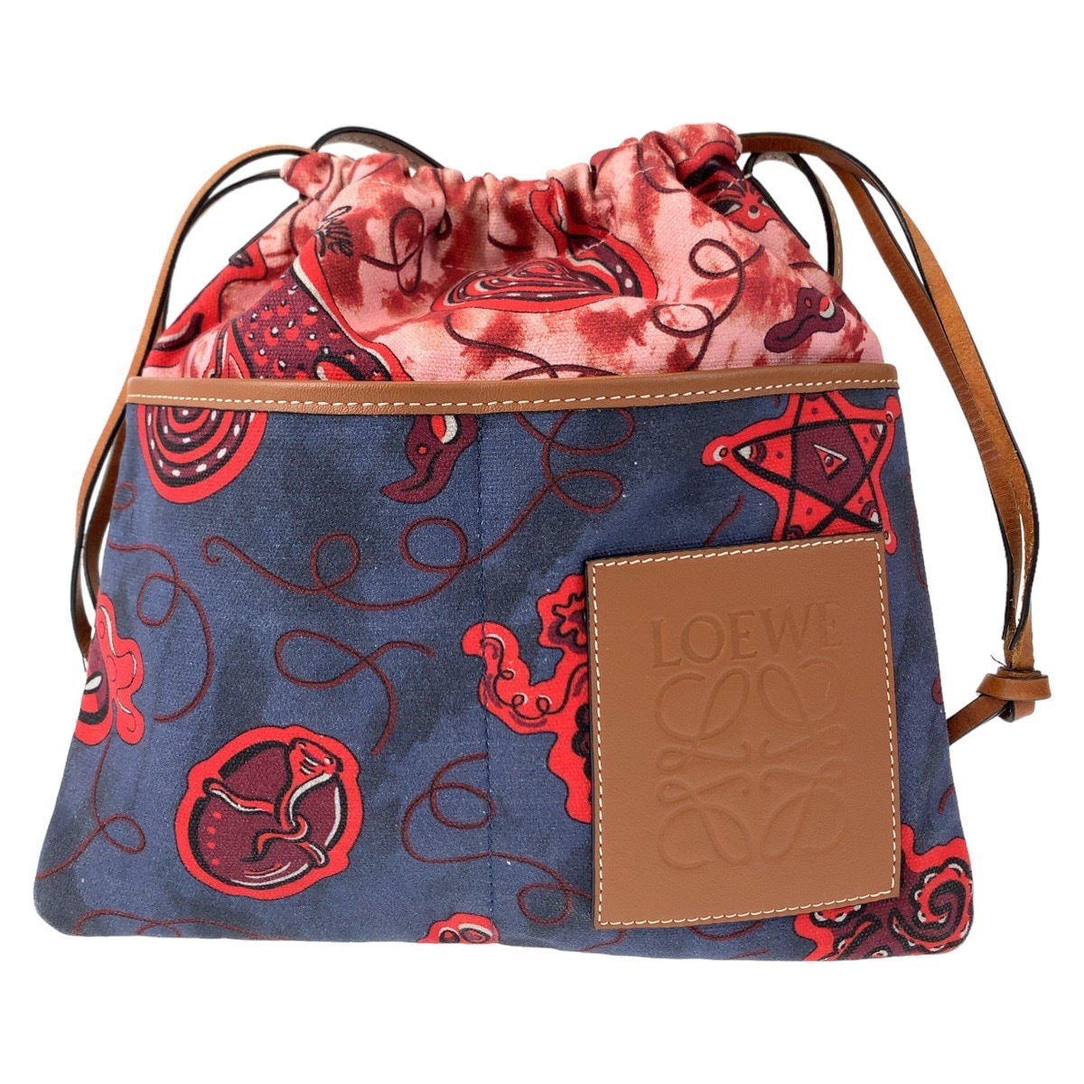 美品 パウラズ イビザ コレクション ブルー ピンク ブラウン キャンバス/レザー 斜め掛け ショルダーバッグ ポシェット 巾着バッグ レディース 406777