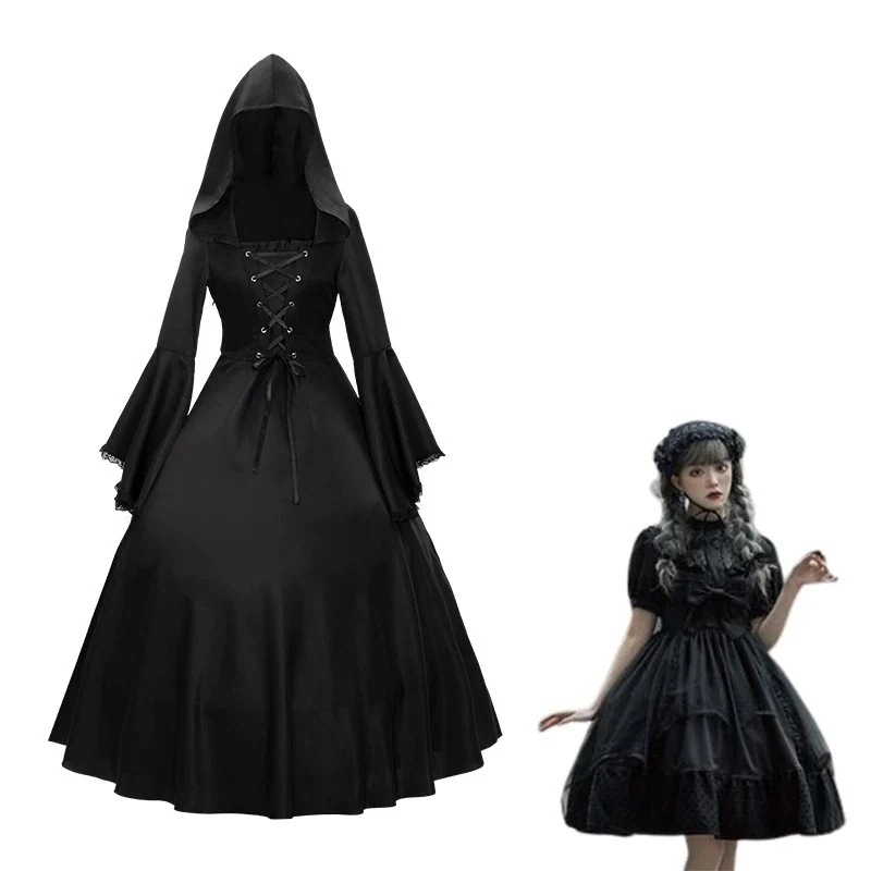 ハロウィーンゴシック女装舞台演技服中世レーストランペット袖ワンピース547
