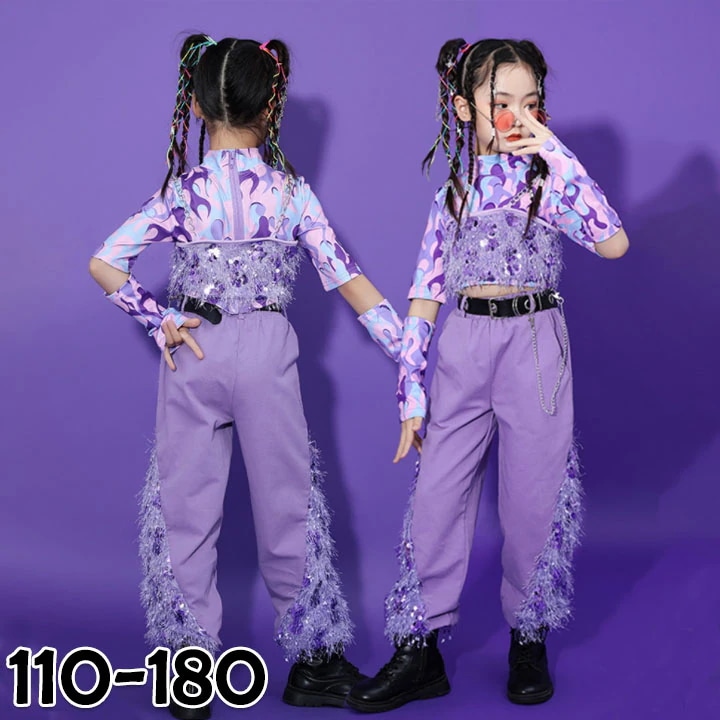 新品入荷 ダンス衣装 チアガール 女の子 パンツセット パープル hiphop セットアップ 上下セット おしゃれ ジャズ キッズダンス衣装 キッズ 演出服 かわいい ガールズ 発表会 ジャズダンス衣