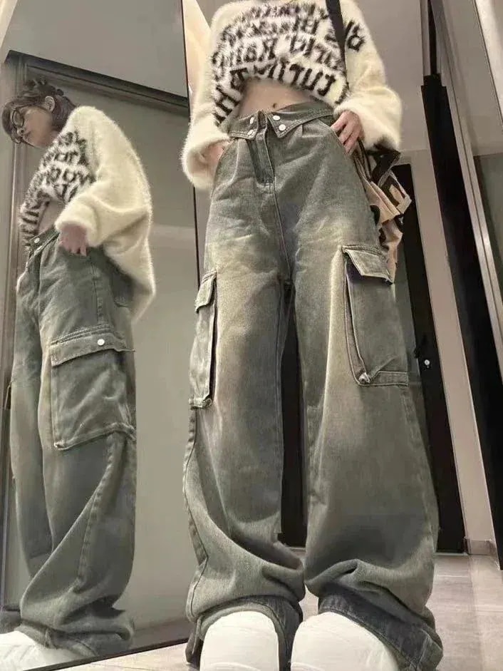 ハイウエストのレトロブルーのドレープオーバーオール付き女性用カフスジーンズ春と秋のウォッシュドパンツ