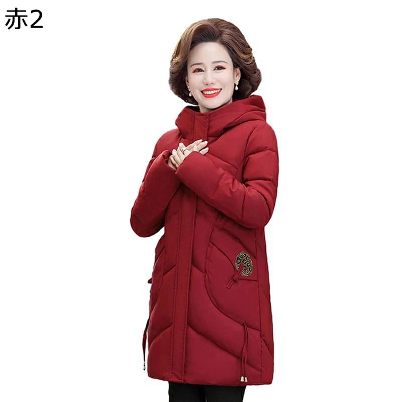 レディースウィンタージャケット レディース コットンジャケット 刺繍付きフード ロングコート 中綿 長袖 綿服 上着 トップス 厚い 耐洗 婦人 シニアアウター 秋冬用 お年寄り 50-70代 オシャ